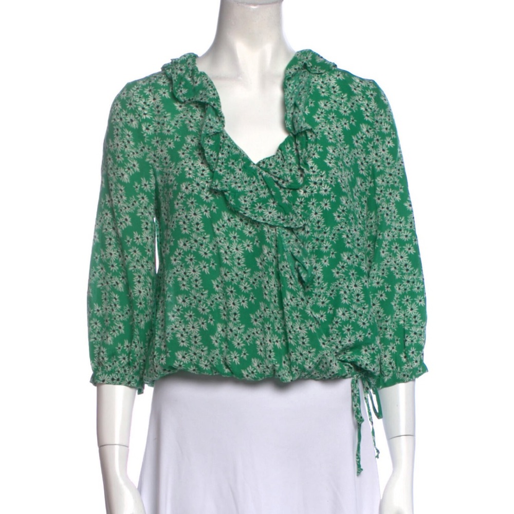 Rixo Green Floral Silk Wrap Blouse